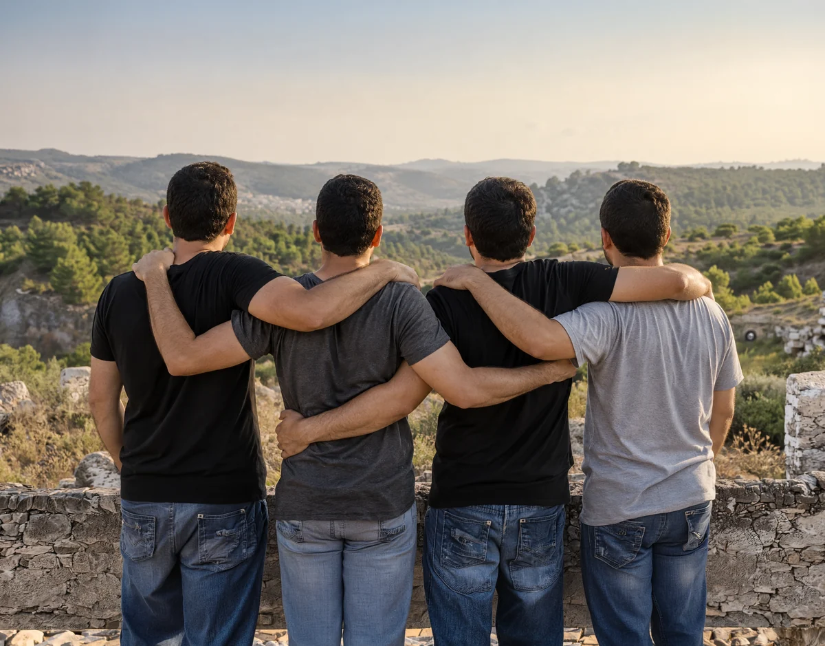 ארבעה חברים מחובקים מביטים אל הנוף